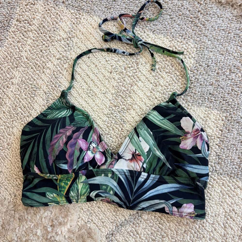 VNB Tropical Floral Print Halter Bikini Top Navy Green Small VB05169M